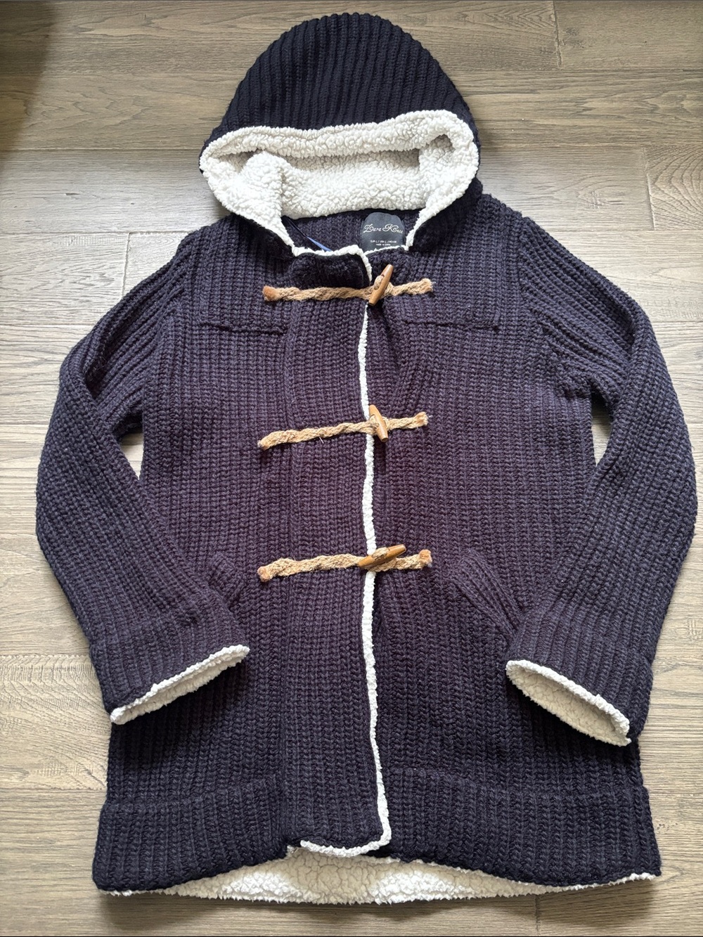 Zara | Knit Gray Hooded Chunky Knit Toggle Cardigan Sherpa Lining Size L